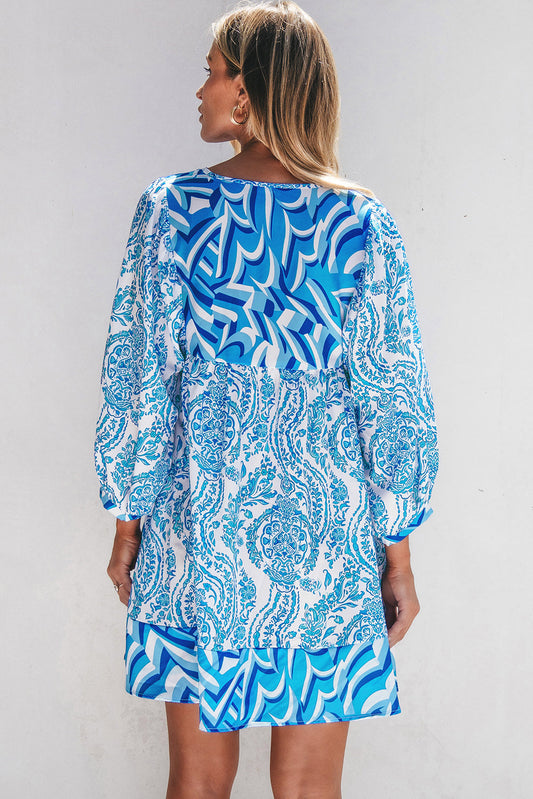 Bohemian Puff Tied Flared Mini Dress