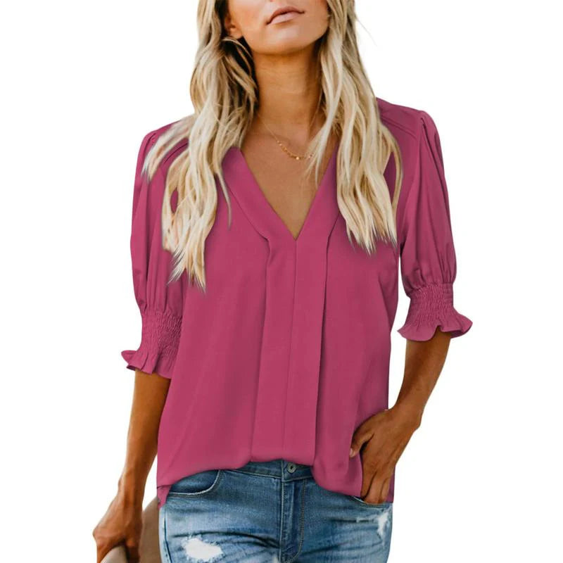 Casual Puff Ruffle V Neck Blouses