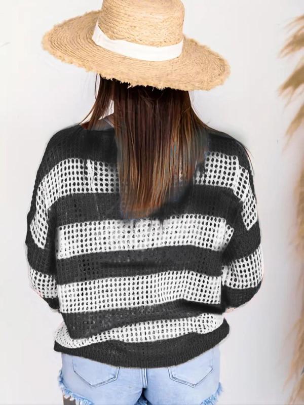Women's Striped Print Hollow Out Sheer Crochet Sweater