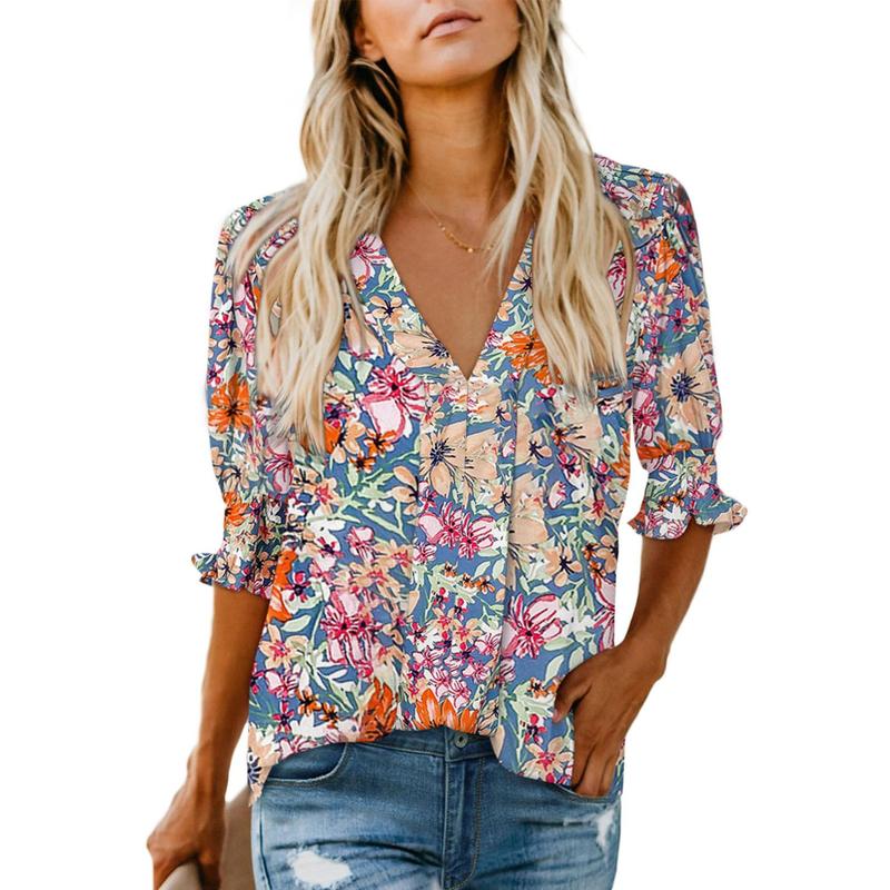 Casual Puff Ruffle V Neck Blouses