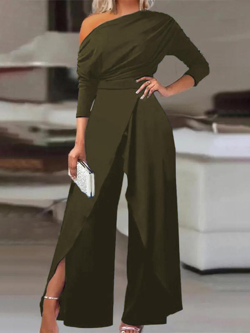 Plain Ruched Wrap Split Hem Jumpsuit