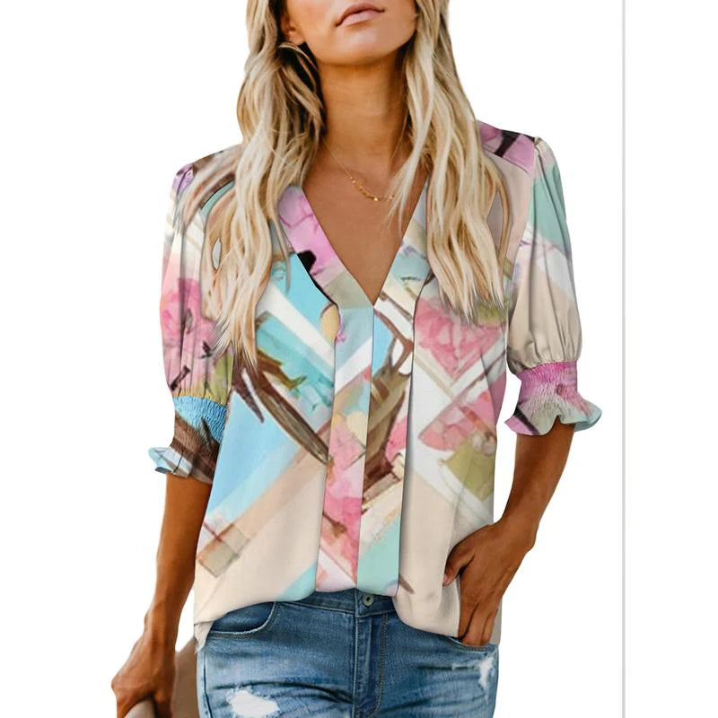 Casual Puff Ruffle V Neck Blouses