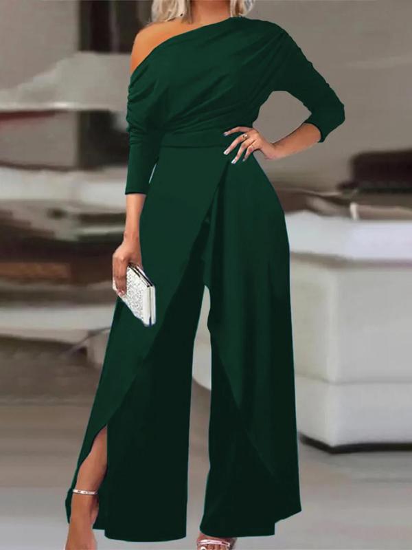 Plain Ruched Wrap Split Hem Jumpsuit