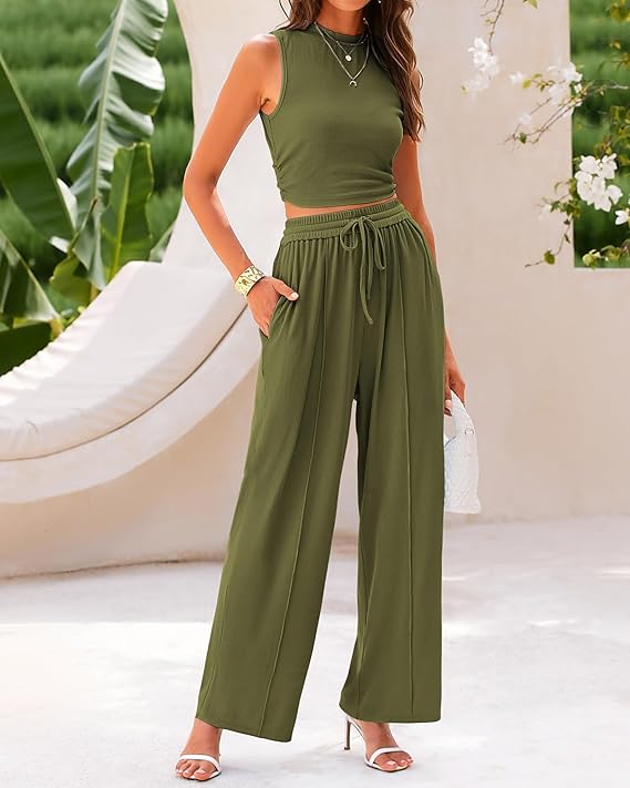 Ribbed Knit Crop Tank & Wide Leg Pants 2 Piece Sets