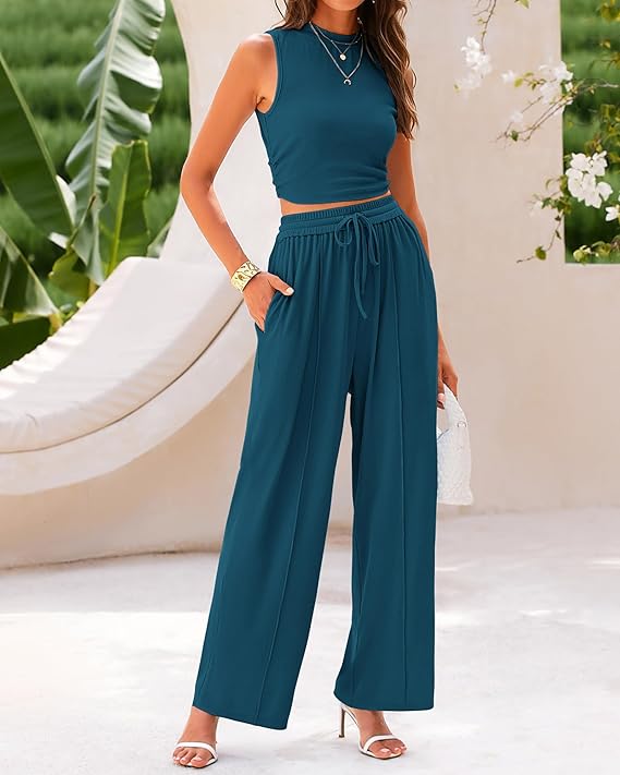 Ribbed Knit Crop Tank & Wide Leg Pants 2 Piece Sets