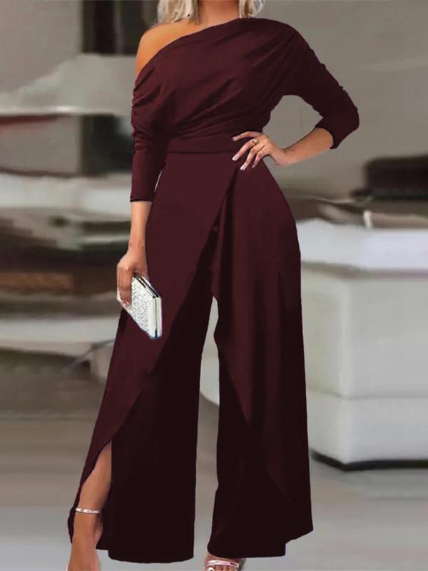 Plain Ruched Wrap Split Hem Jumpsuit