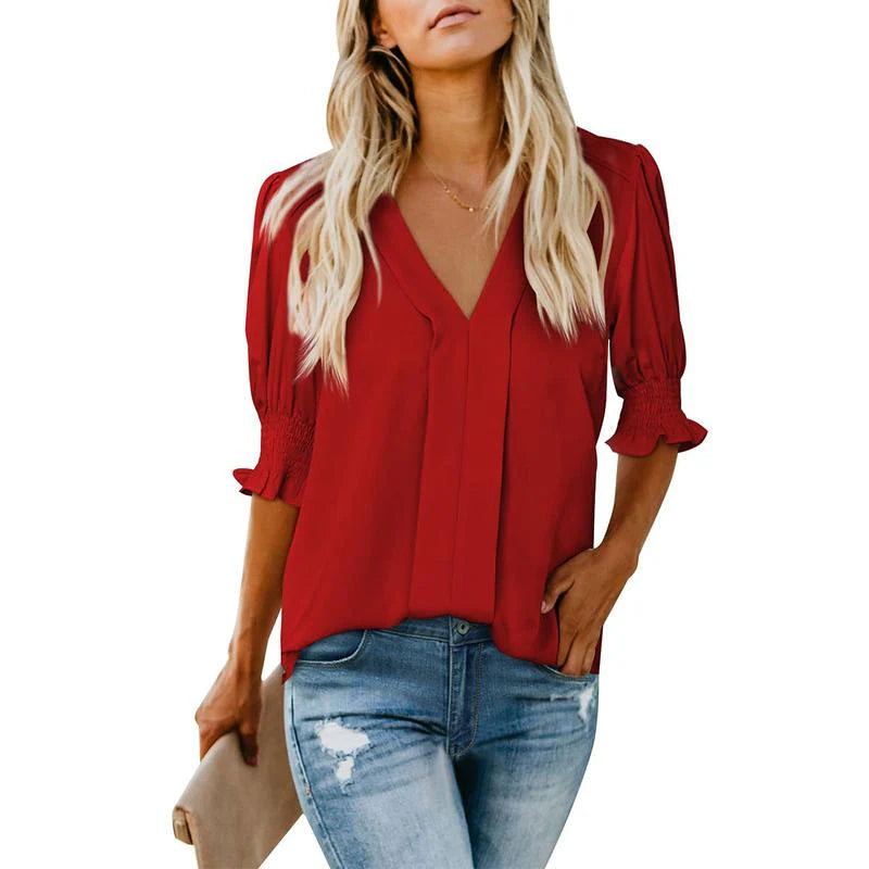 Casual Puff Ruffle V Neck Blouses
