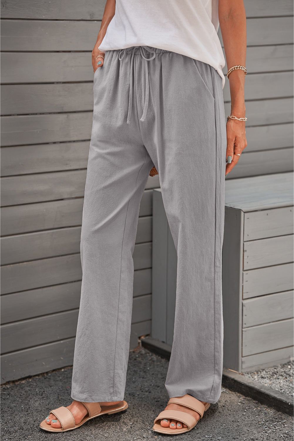 Women's Gray Drawstring Elastic Waist Pockets Long Straight Legs Pants