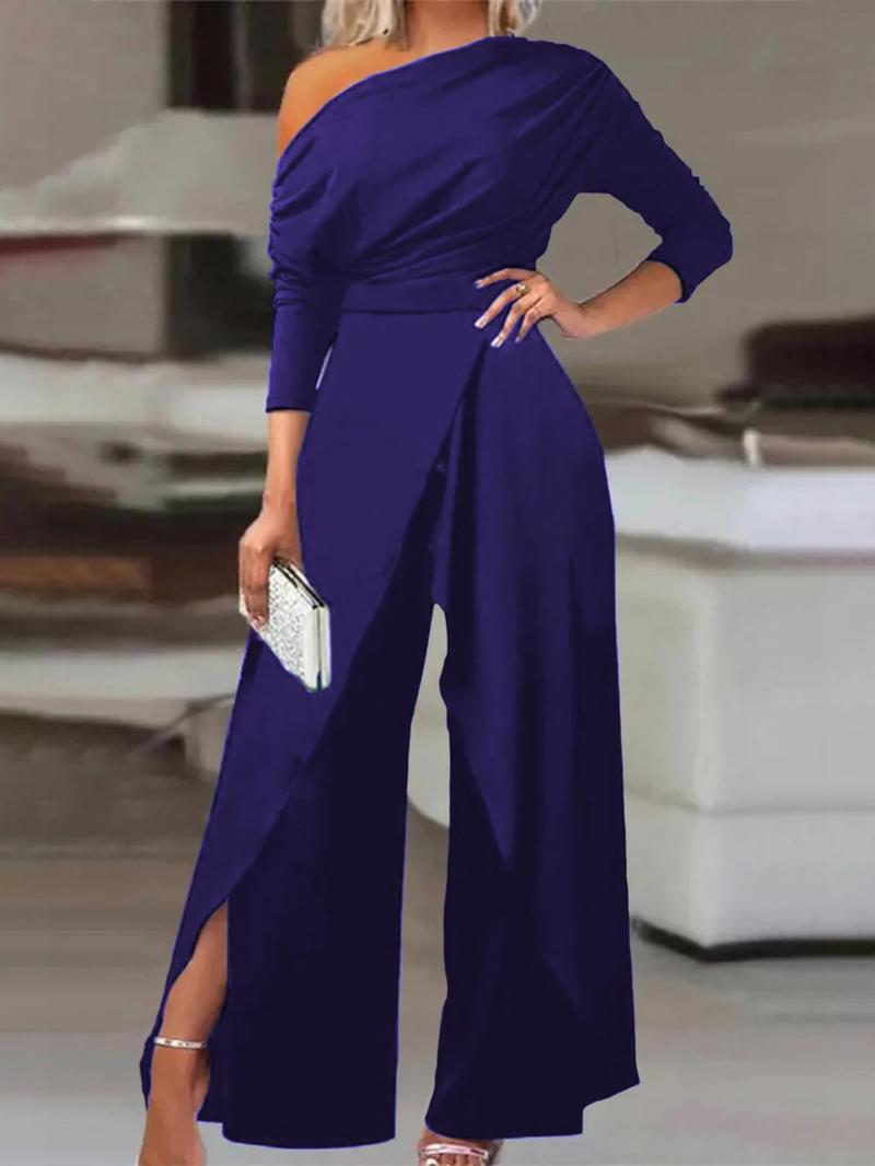 Plain Ruched Wrap Split Hem Jumpsuit