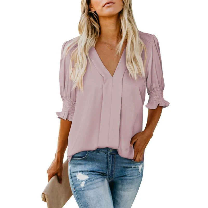 Casual Puff Ruffle V Neck Blouses
