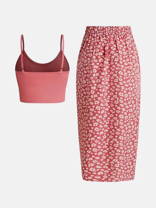 Women's Crop Cami Top & Ditsy Floral Print Asymmetrical Twist Skirt Set