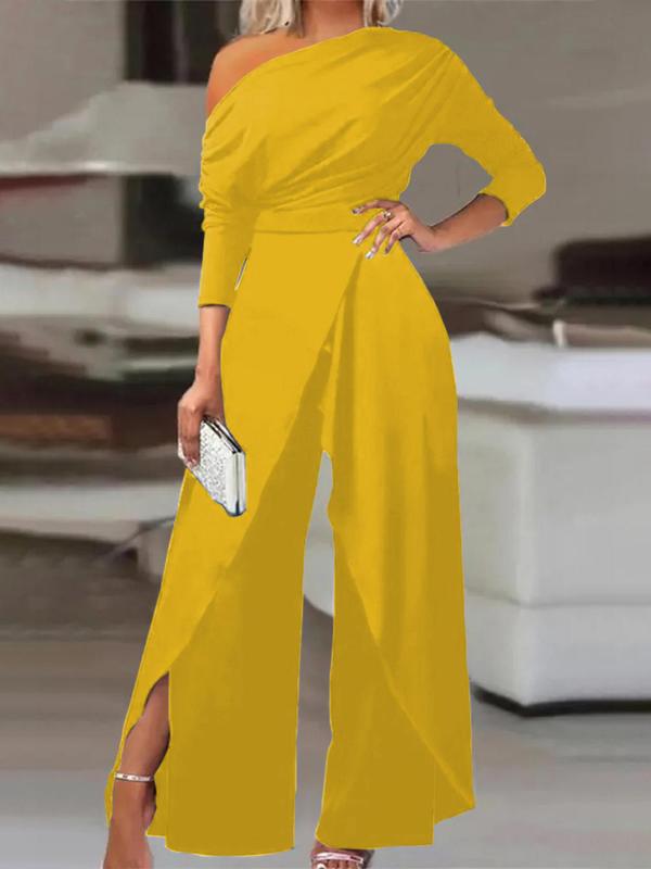 Plain Ruched Wrap Split Hem Jumpsuit