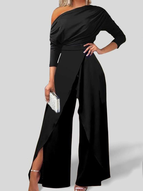 Plain Ruched Wrap Split Hem Jumpsuit