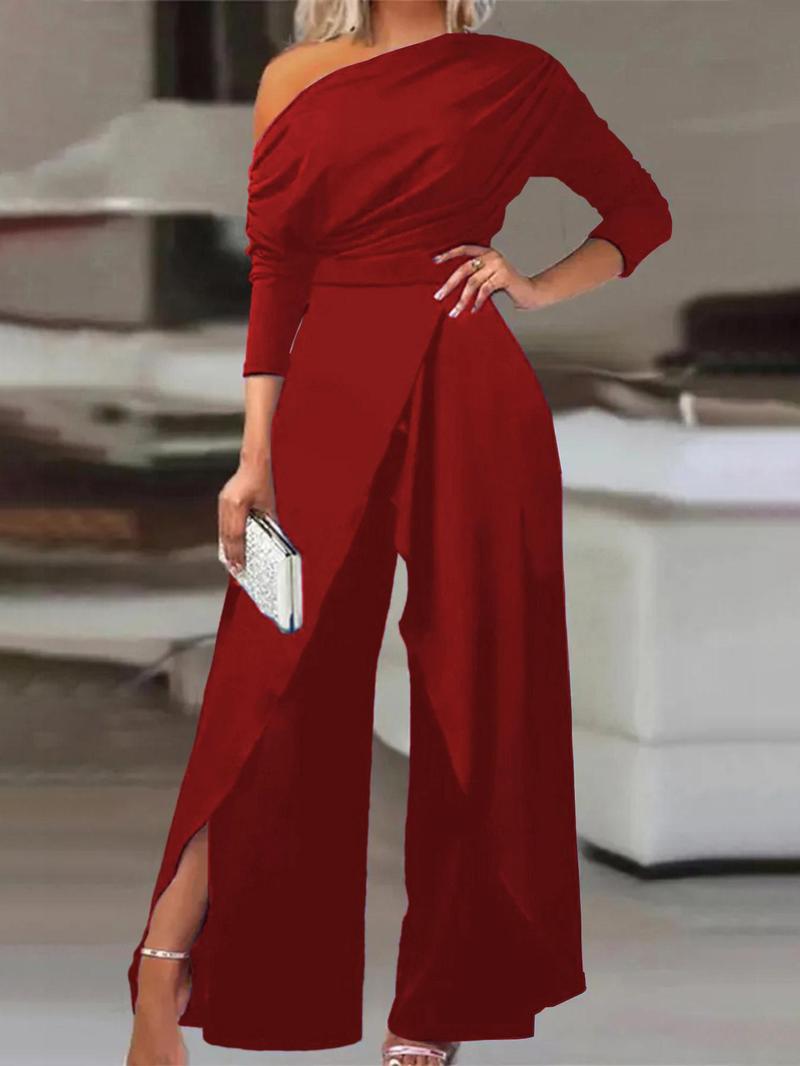 Plain Ruched Wrap Split Hem Jumpsuit