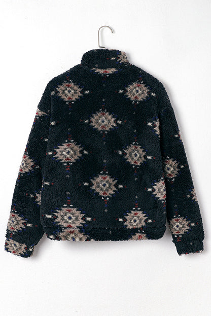 Aztec Zipper Collared Sherpa Jacket