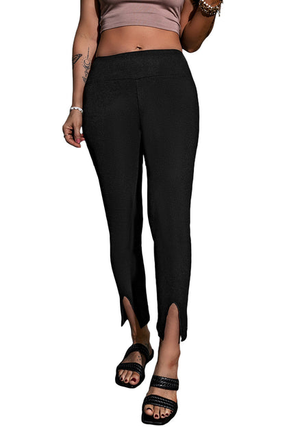 Rib Knit High Waist Black Slit Leggings