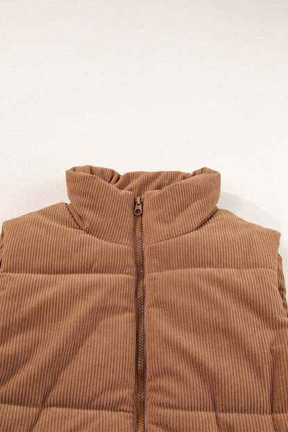 Corduroy Stand Neck Zipped Puffer Vest