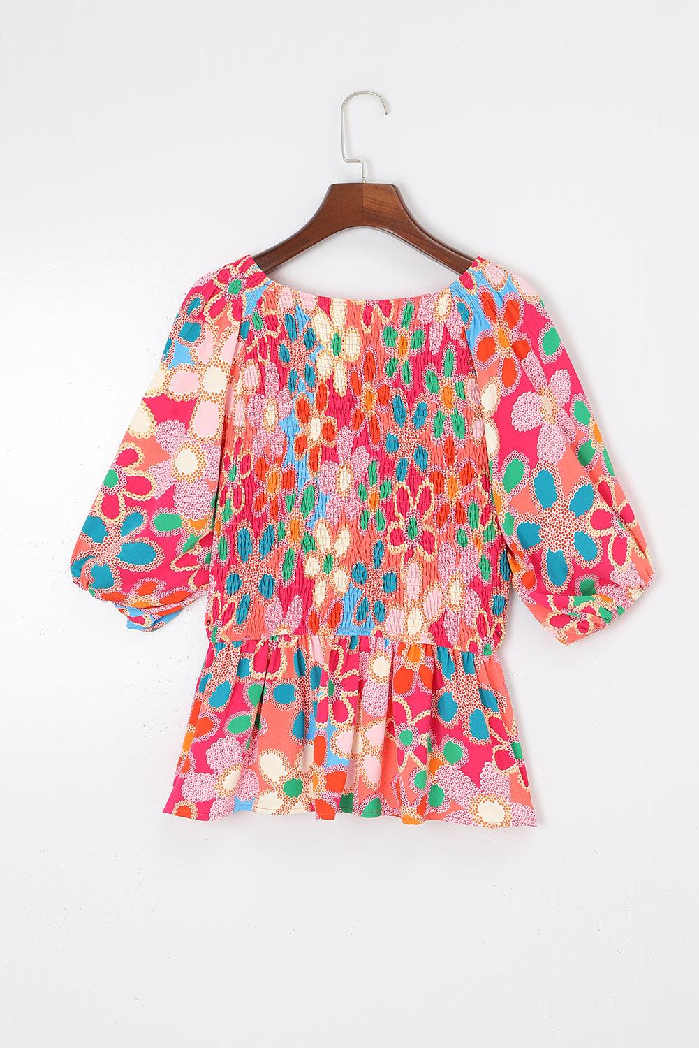 Boho Flower Print Puff Sleeve Peplum Top