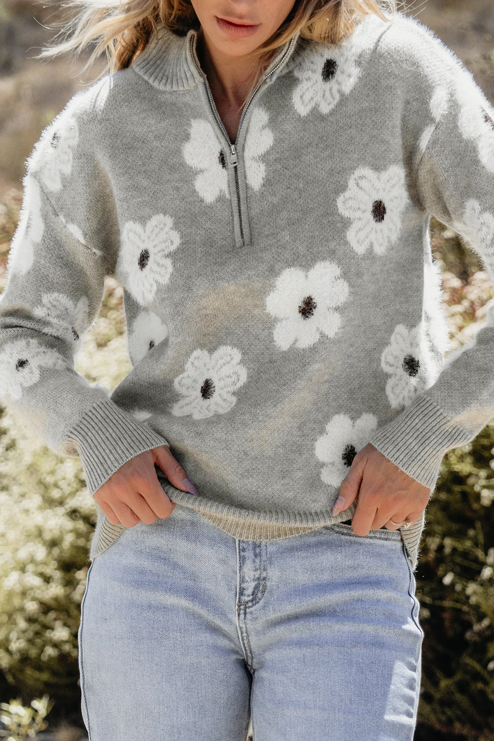 Floral Pattern Half Zip Sweater