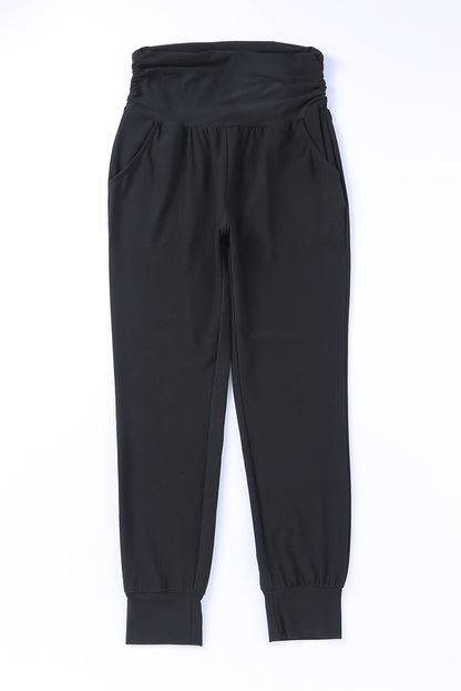 High Waist Black Pleated Pocket Leggings