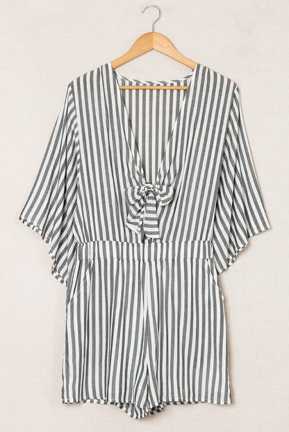 Kimono Sleeves Tie Front Striped Romper