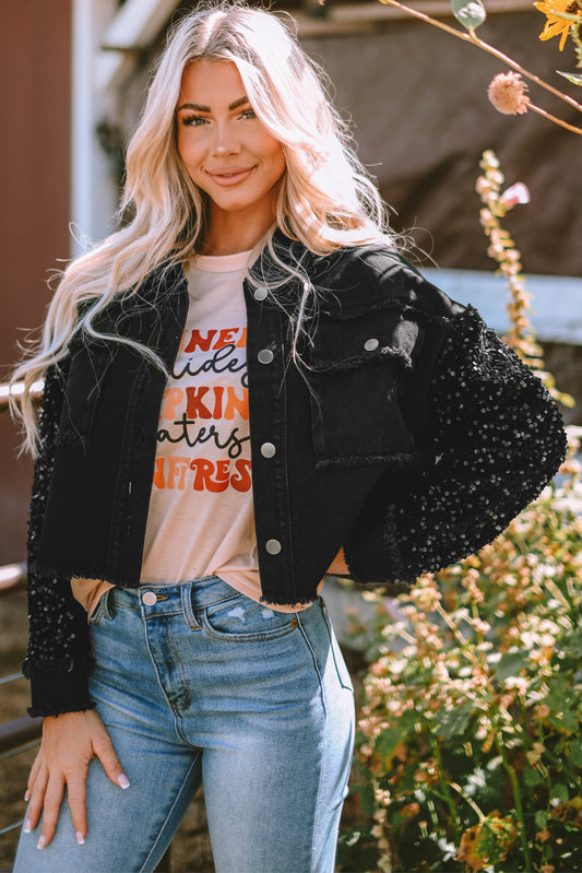 Sequin Raw Hem Denim Jacket