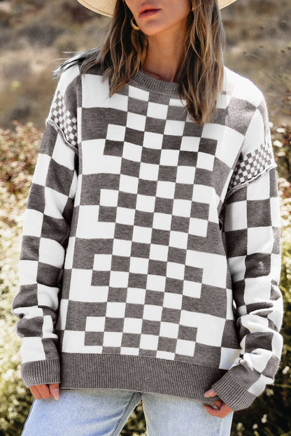 Checkered Drop Shoulder Sweater