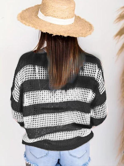 Women's Striped Print Hollow Out Sheer Crochet Sweater