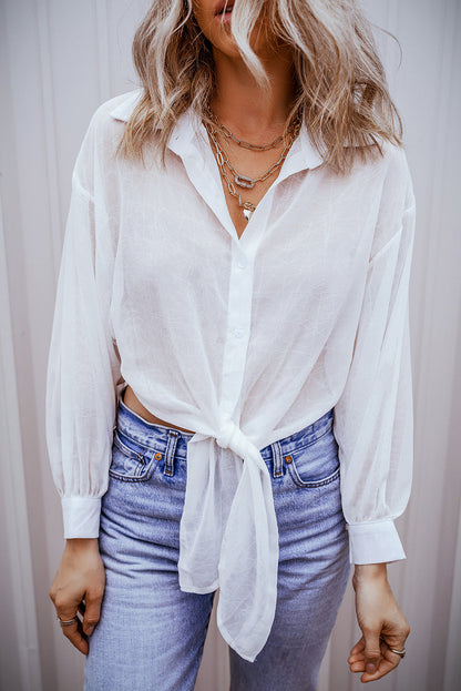 Knotted Front Loose Fit Sheer Shirt