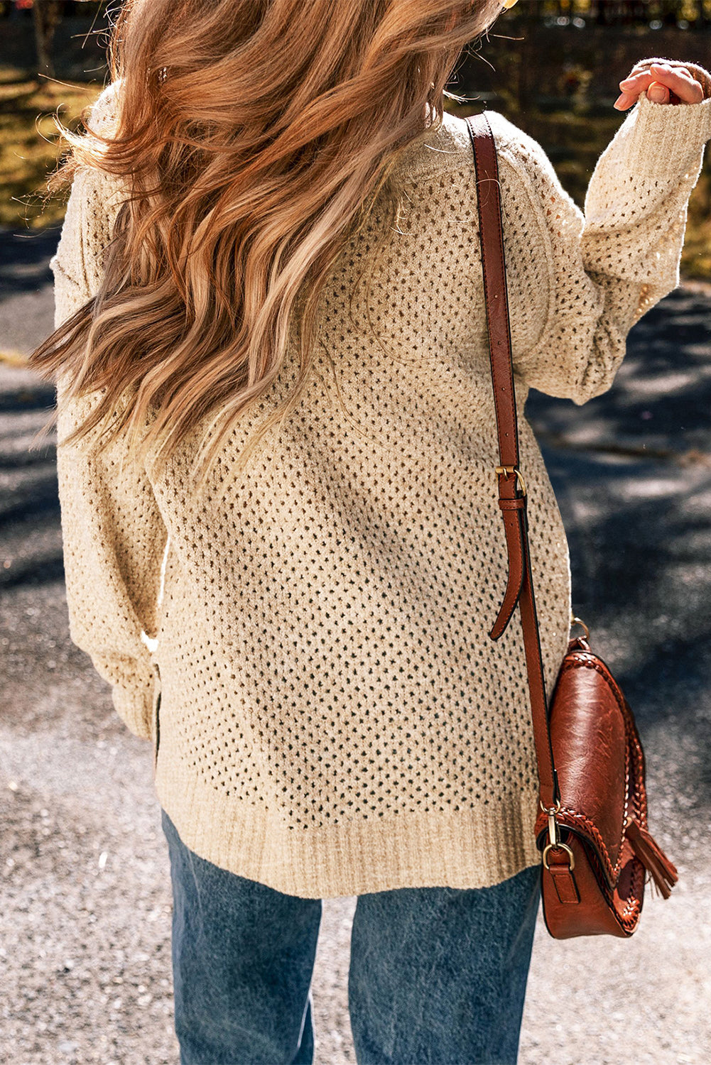 Loose Eyelet Drop Shoulder Sweater