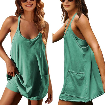 Womens Athletic Sleeveless Mini Dress with Built-in Shorts V Neck Spaghetti Strap Short Tennis Dress with Pockets