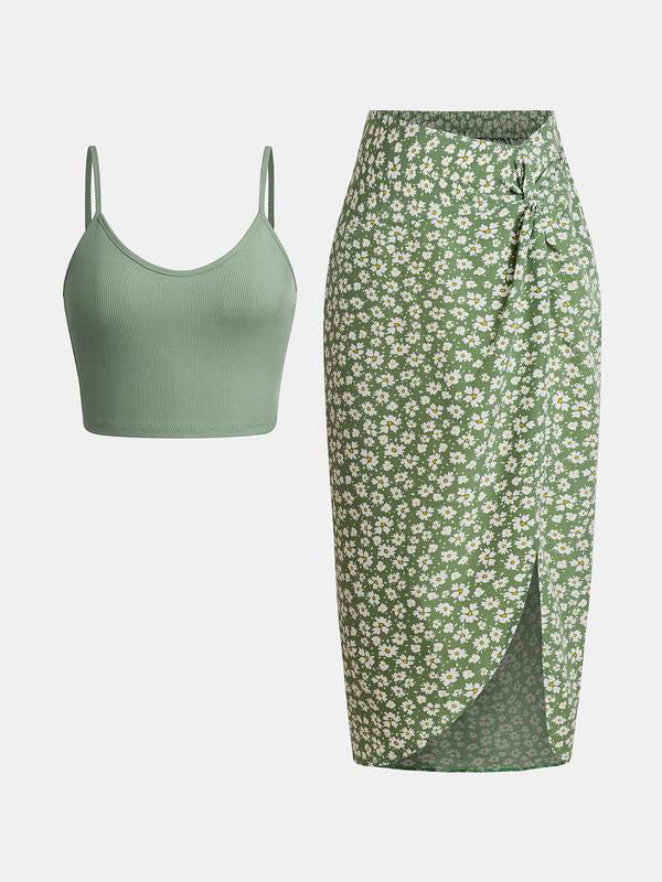 Women's Crop Cami Top &amp; Ditsy Floral Print Asymmetrical Twist Skirt Set
