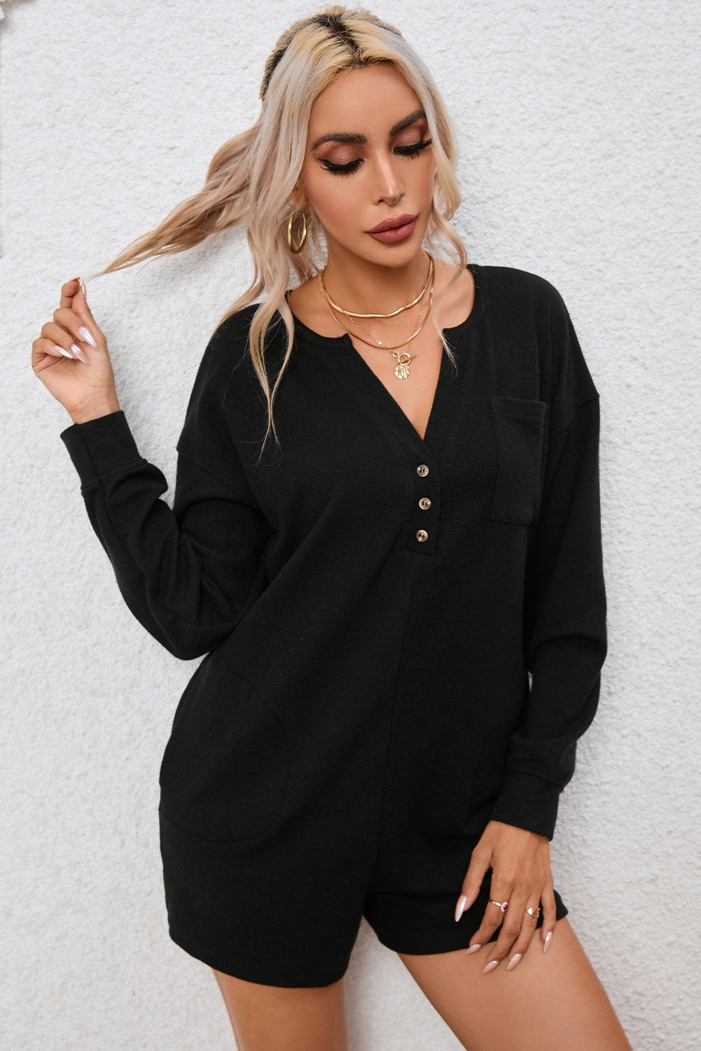 Black Brushed Ribbed Button Split Romper