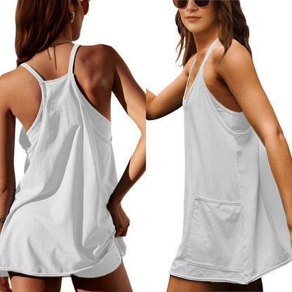 Womens Athletic Sleeveless Mini Dress with Built-in Shorts V Neck Spaghetti Strap Short Tennis Dress with Pockets