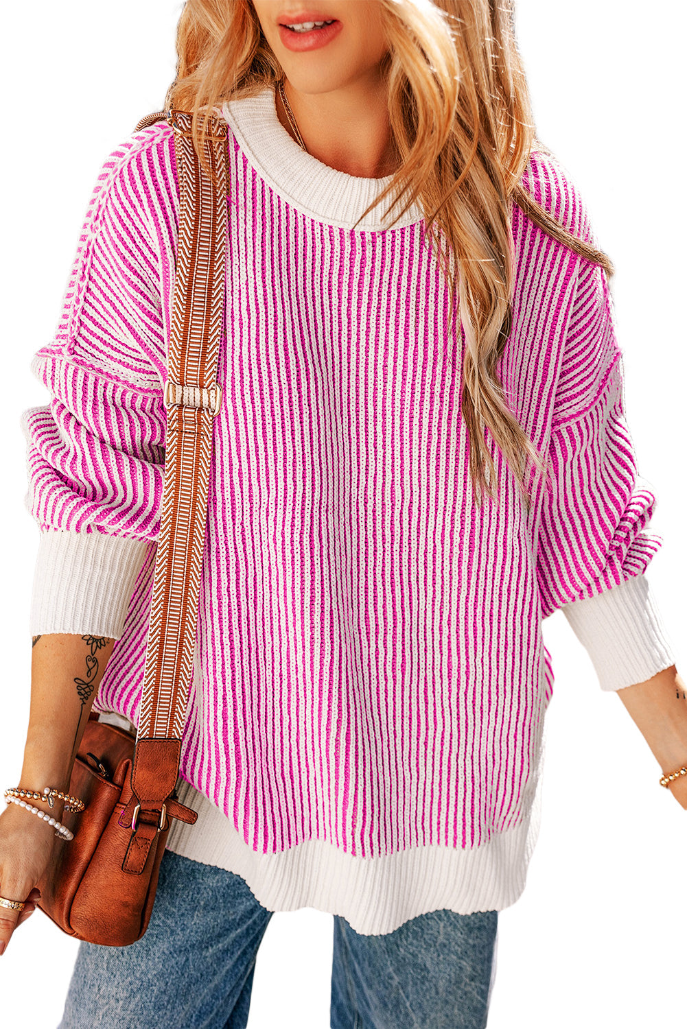 Striped Textured Knit Loose Sweater