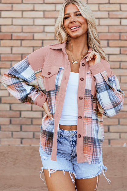 Plaid Corduroy Patchwork Chest Shacket