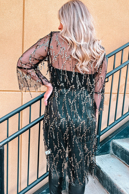 Sequin Sheer Long Sleeve Open Front Kimono