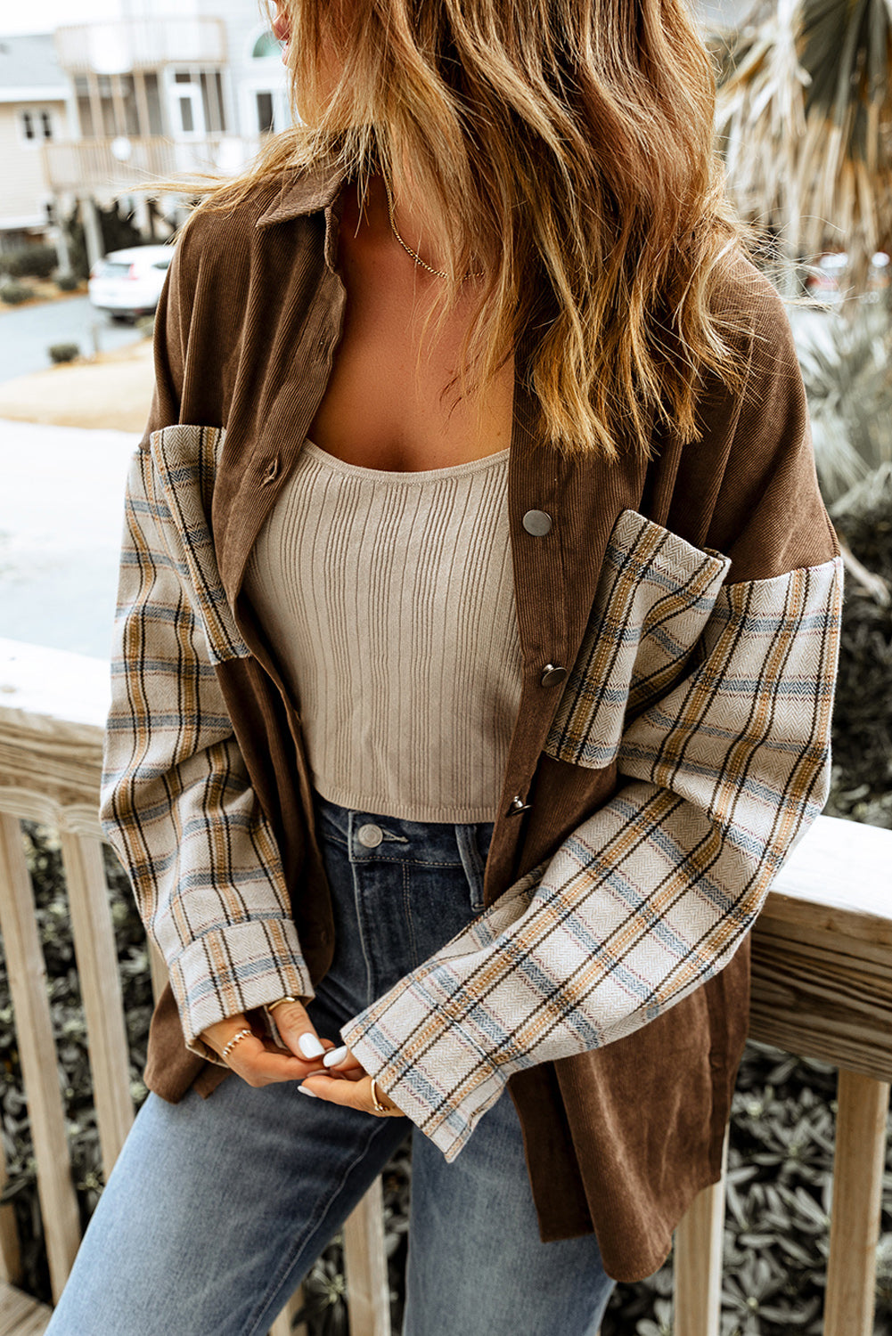 Plaid Patchwork Corduroy Shirt Jacket