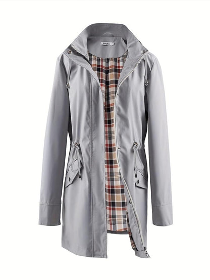 Waterproof Drawstring Zip Up Hooded Trench Coat