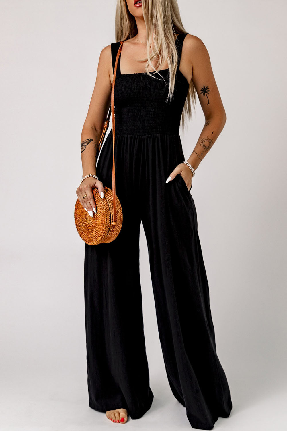 Smocked Sleeveless Wide Leg Jumpsuit