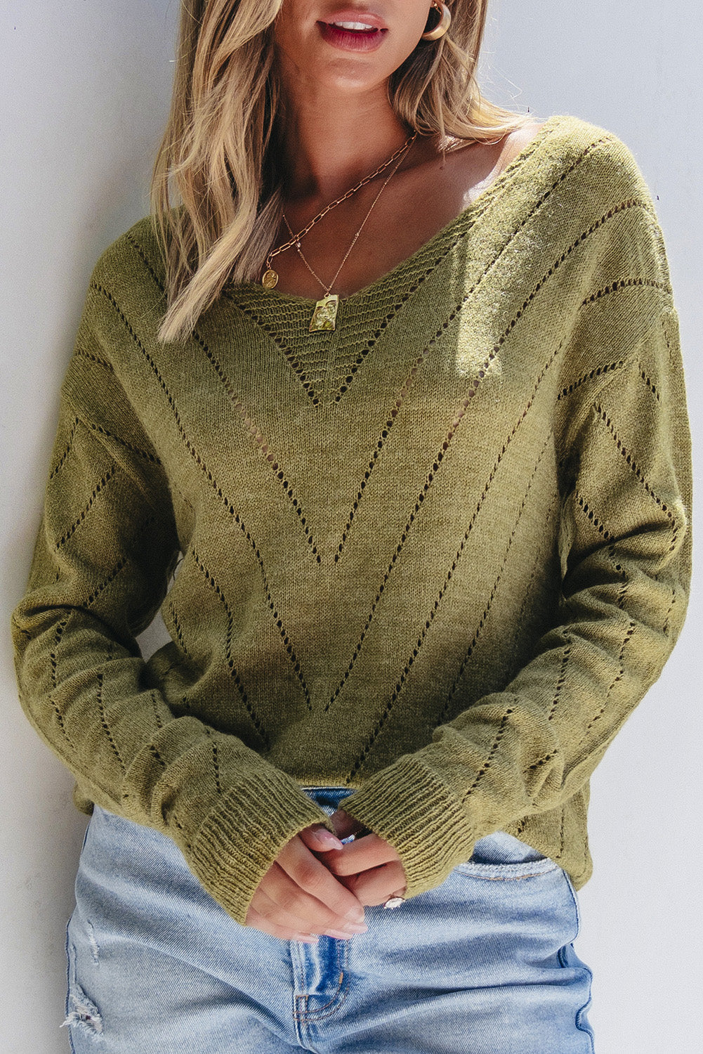 Solid Eyelet V Neck Sweater