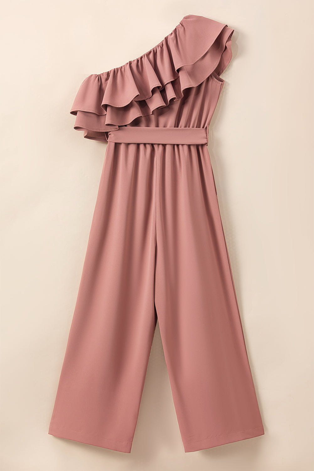 One Shoulder Ruffle Trim Belted Jumpsuit