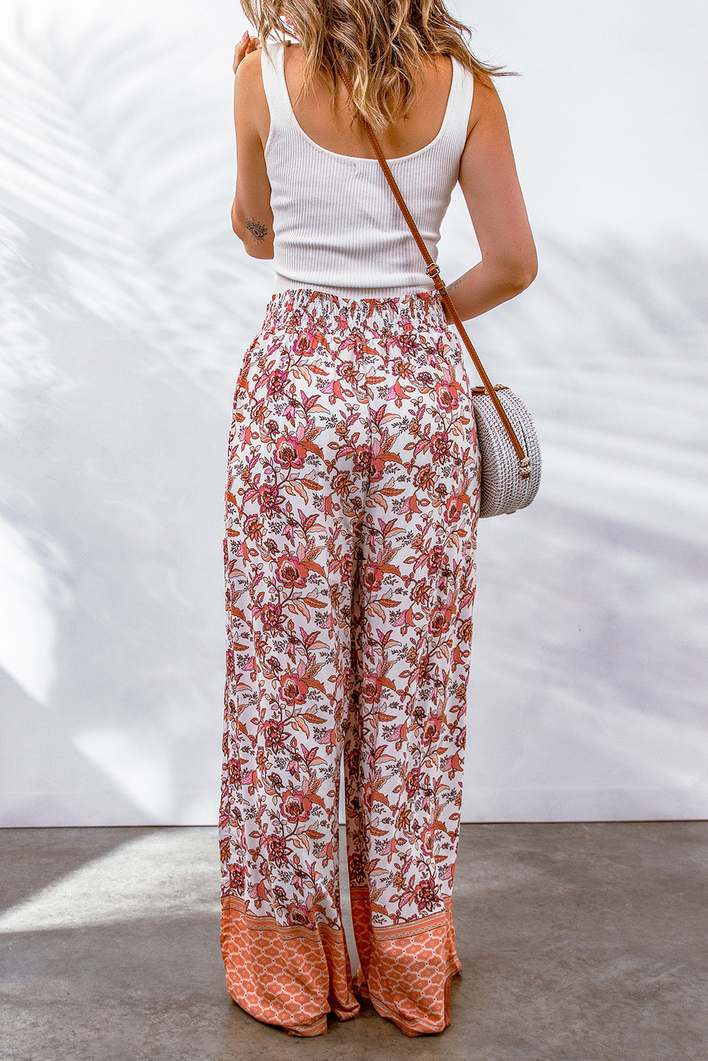 Floral Shirred High Waist Wide Leg Pants