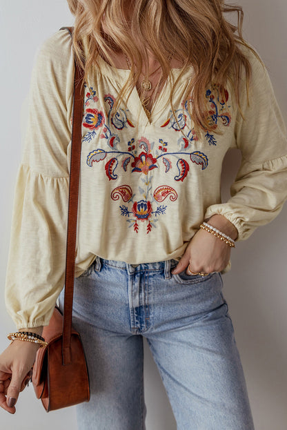 Paisley Embroidered Notch Blouse