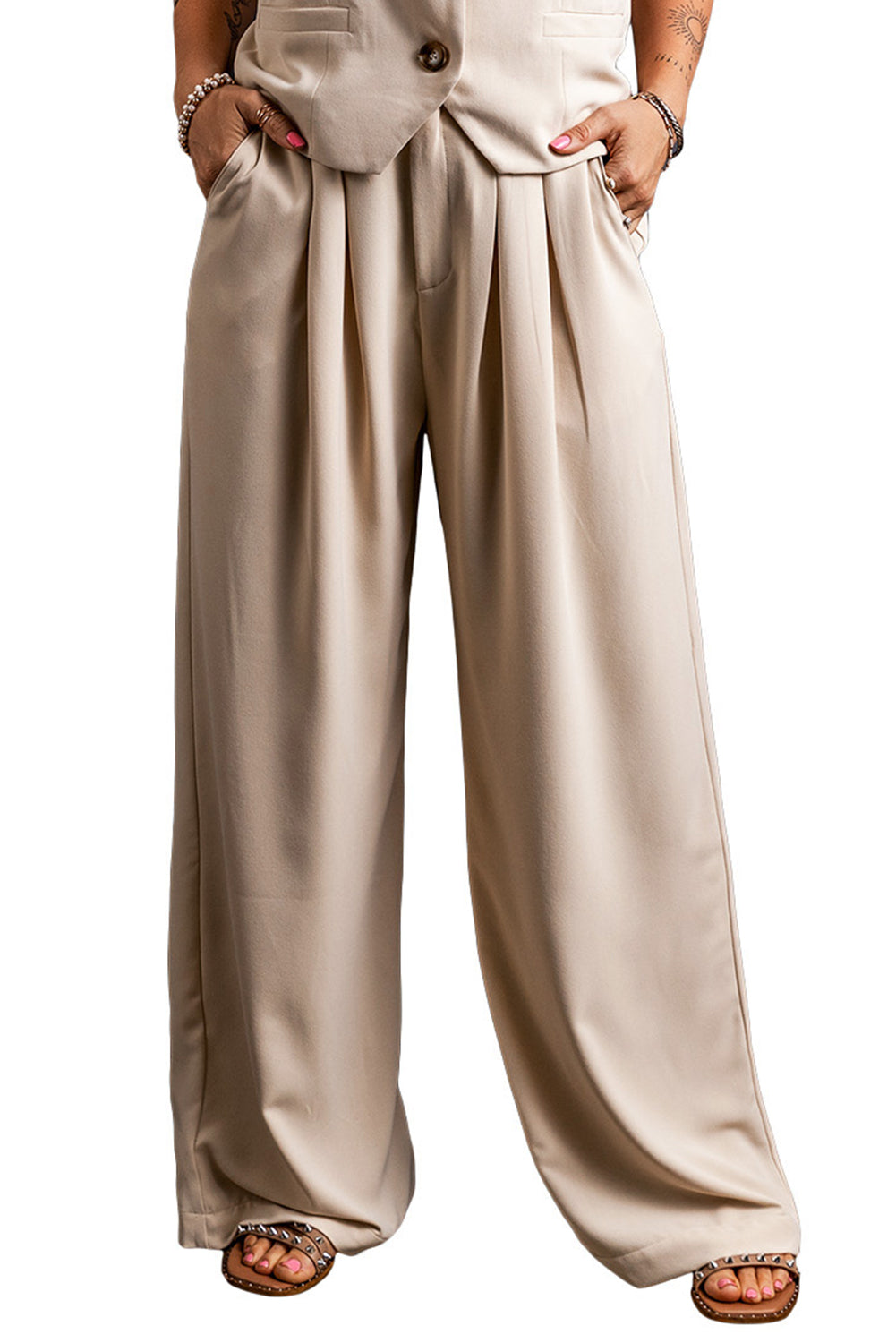 Elastic Waist Pleated Wide Leg Pants