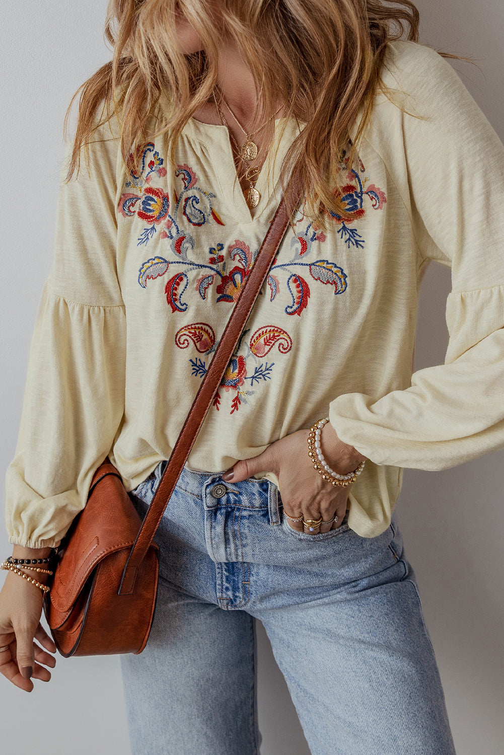 Paisley Embroidered Notch Blouse