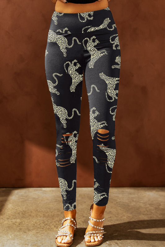 High Rise Cheetah Ripped Leggings