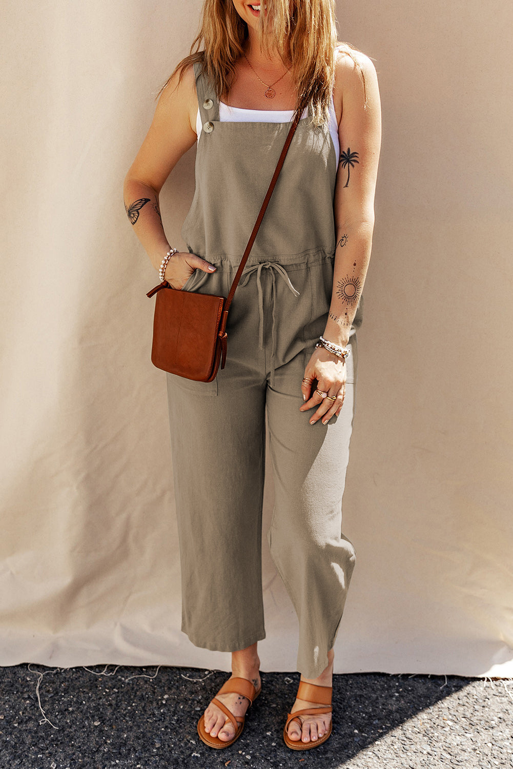 Drawstring Straps Cropped Overall