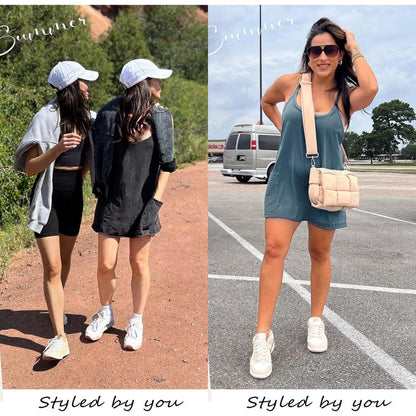 Womens Athletic Sleeveless Mini Dress with Built-in Shorts V Neck Spaghetti Strap Short Tennis Dress with Pockets