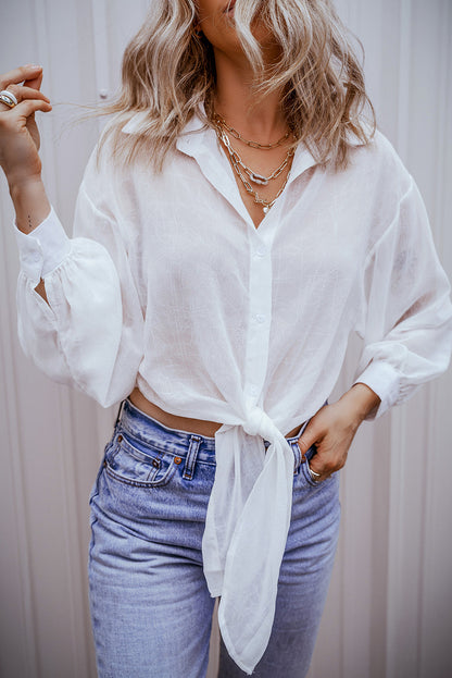 Knotted Front Loose Fit Sheer Shirt